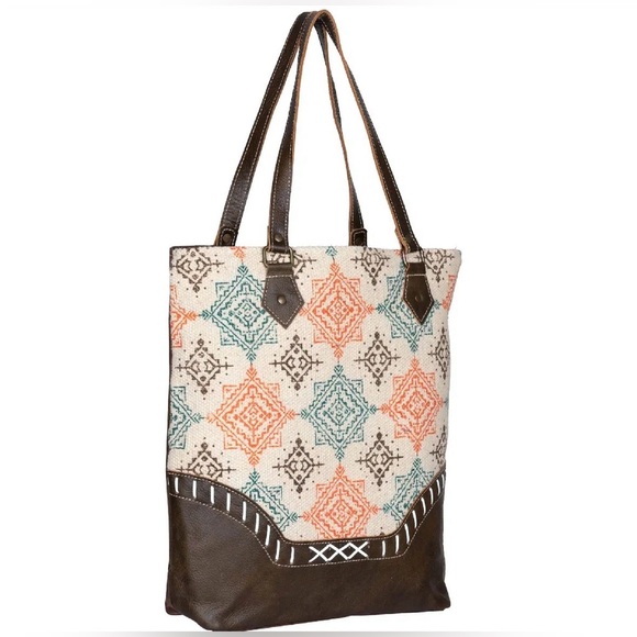 NWT Genuine Leather & Aztec Tribal Print Rug Large Tote Bag Handbag Boho Style - Picture 4 of 6